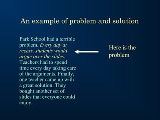 An example of problem and solution
Park School had a terrible
problem. Every day at
recess, students would
argue over the slides.
Teachers had to spend
time every day taking care
of the arguments. Finally,
one teacher came up with
a great solution. They
bought another set of
slides that everyone could
enjoy.

Here is the
problem

 