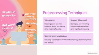 Preprocessing Techniques
Tokenization
Breaking down text into
individual words, phrases, or
other meaningful units.
Stopword Removal
Identifying and removing
common words that don't
carry significant meaning.
Stemming/Lemmatization
Reducing words to their root form to improve pattern recognition
and analysis.
 