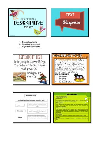 1. Expository texts
2. Narrative texts, and
3. Argumentative texts.
 