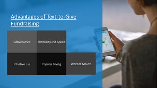 Advantages of Text-to-Give
Fundraising
Convenience Simplicity and Speed
Intuitive Use Impulse Giving Word of Mouth
 