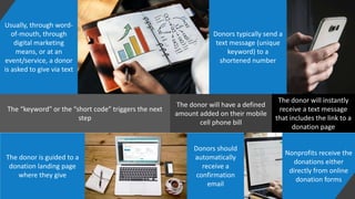 Usually, through word-
of-mouth, through
digital marketing
means, or at an
event/service, a donor
is asked to give via text
Donors typically send a
text message (unique
keyword) to a
shortened number
The “keyword” or the “short code” triggers the next
step
The donor will have a defined
amount added on their mobile
cell phone bill
The donor will instantly
receive a text message
that includes the link to a
donation page
The donor is guided to a
donation landing page
where they give
Donors should
automatically
receive a
confirmation
email
Nonprofits receive the
donations either
directly from online
donation forms
 