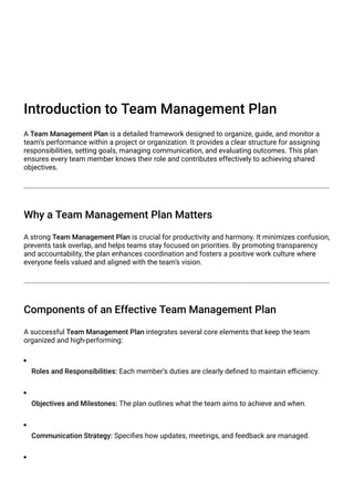 Introduction to Team Management Plan and it importance | PDF