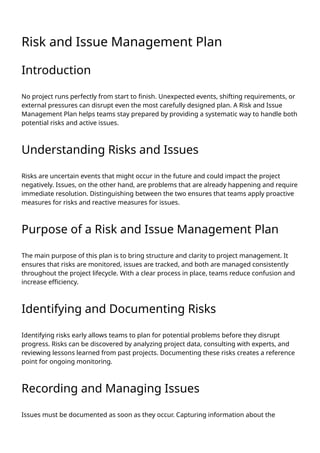 What is Risk and Issue Management Plan and why its important? | PDF