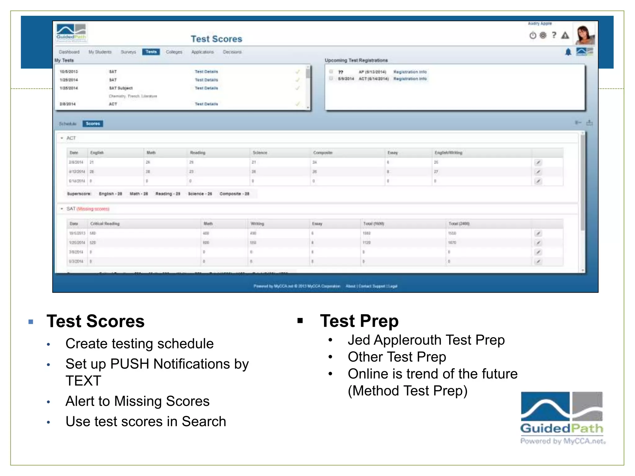 1. Learn about Thyself
 Test Scores
• Create testing schedule
• Set up PUSH Notifications by
TEXT
• Alert to Missing Scores
• Use test scores in Search
 Test Prep
• Jed Applerouth Test Prep
• Other Test Prep
• Online is trend of the future
(Method Test Prep)
 