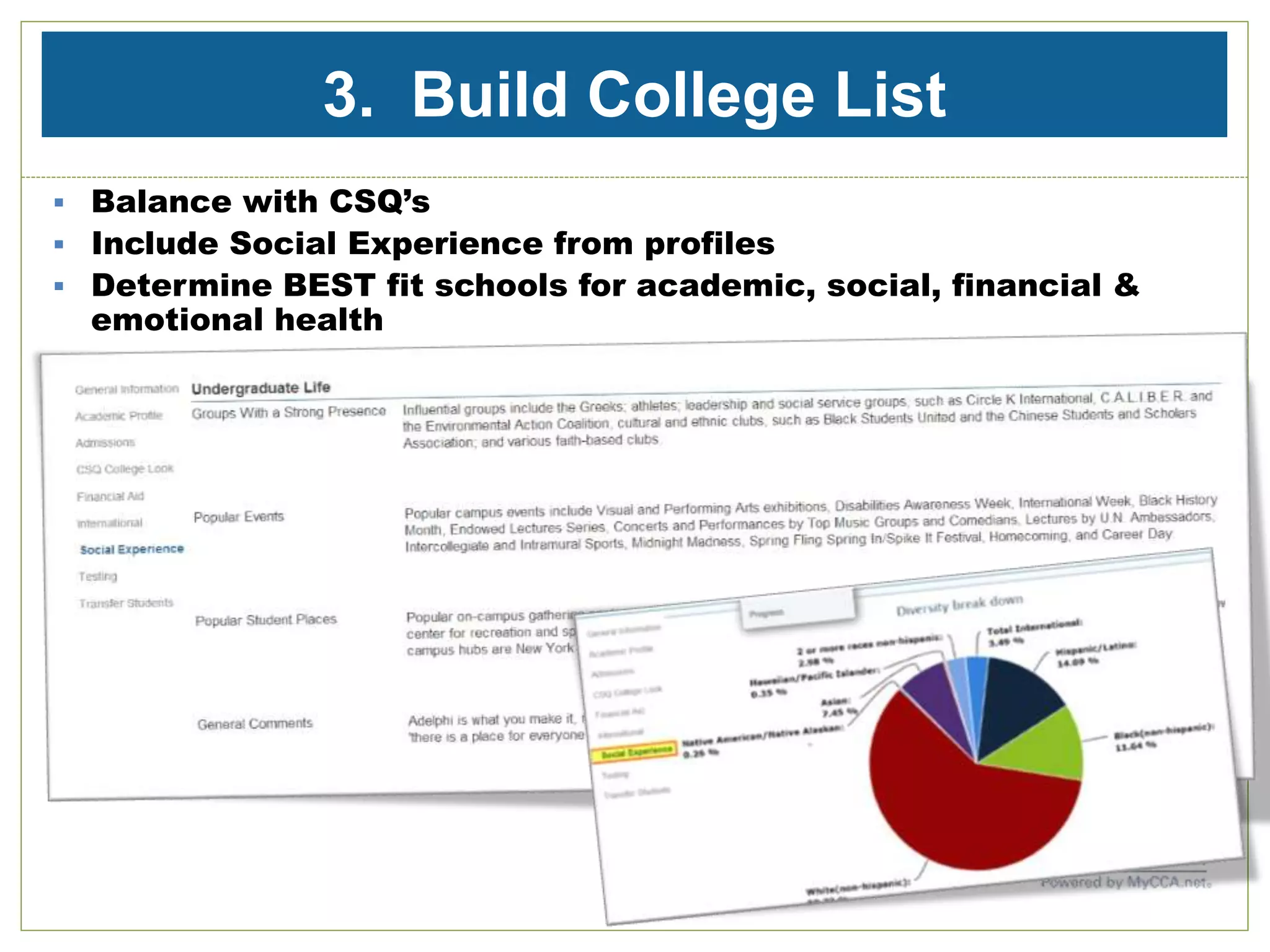 3. Build College List
 Balance with CSQ’s
 Include Social Experience from profiles
 Determine BEST fit schools for academic, social, financial &
emotional health
 