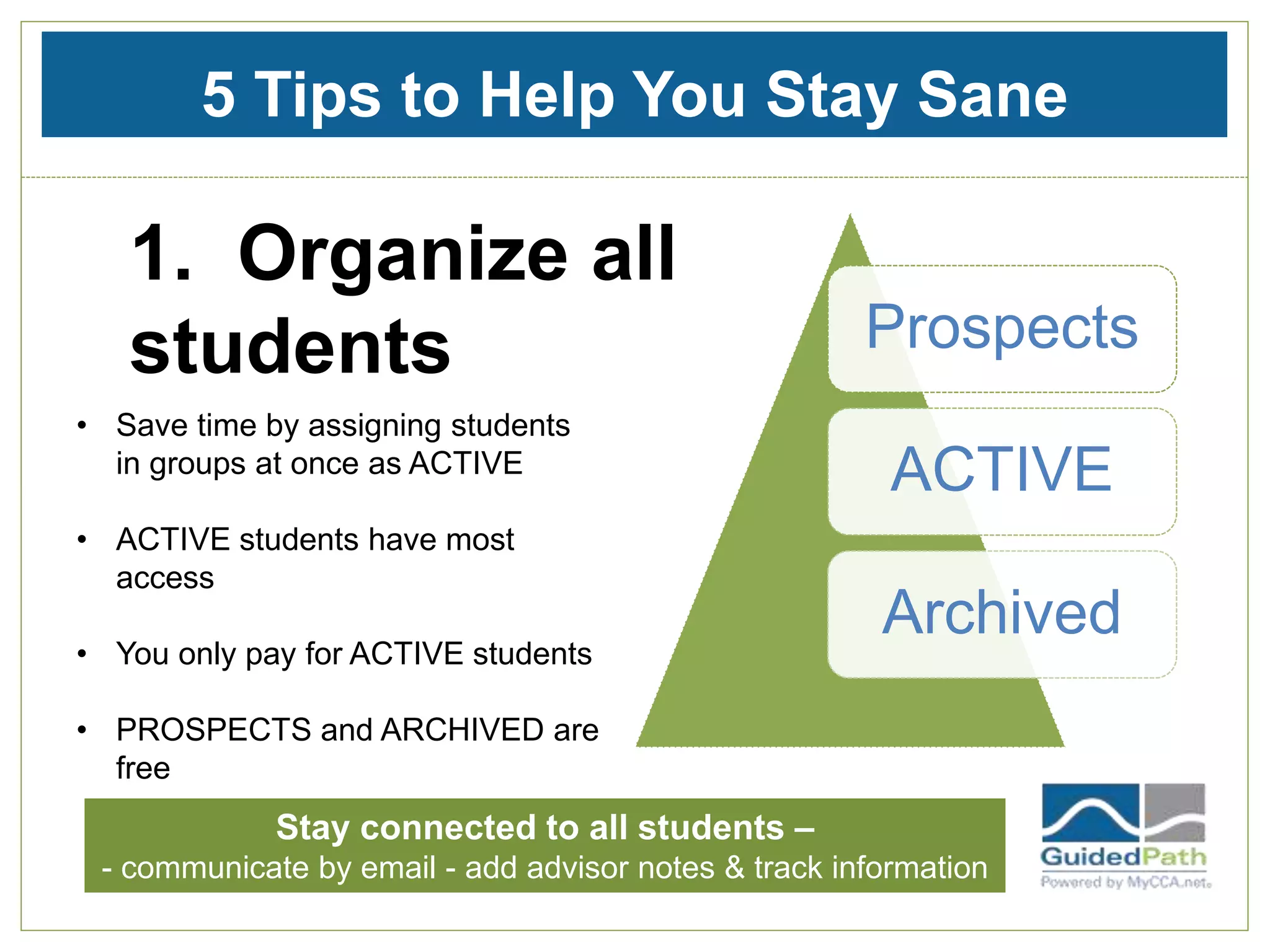 5 Tips to Help You Stay Sane
1. Organize all
students Prospects
ACTIVE
Archived
• Save time by assigning students
in groups at once as ACTIVE
• ACTIVE students have most
access
• You only pay for ACTIVE students
• PROSPECTS and ARCHIVED are
free
Stay connected to all students –
- communicate by email - add advisor notes & track information
 