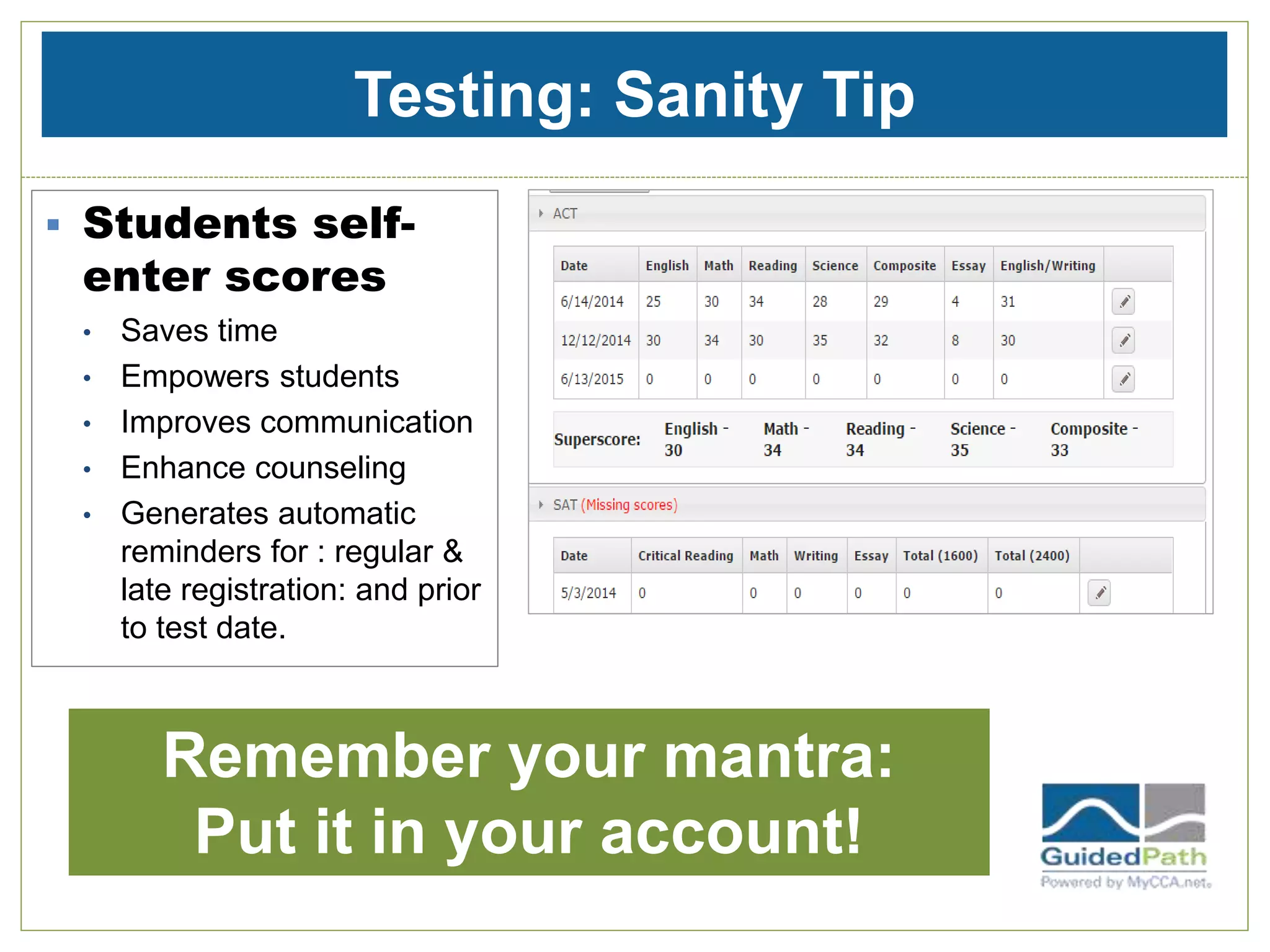 Testing: Sanity Tip
 Students self-
enter scores
• Saves time
• Empowers students
• Improves communication
• Enhance counseling
• Generates automatic
reminders for : regular &
late registration: and prior
to test date.
Remember your mantra:
Put it in your account!
 