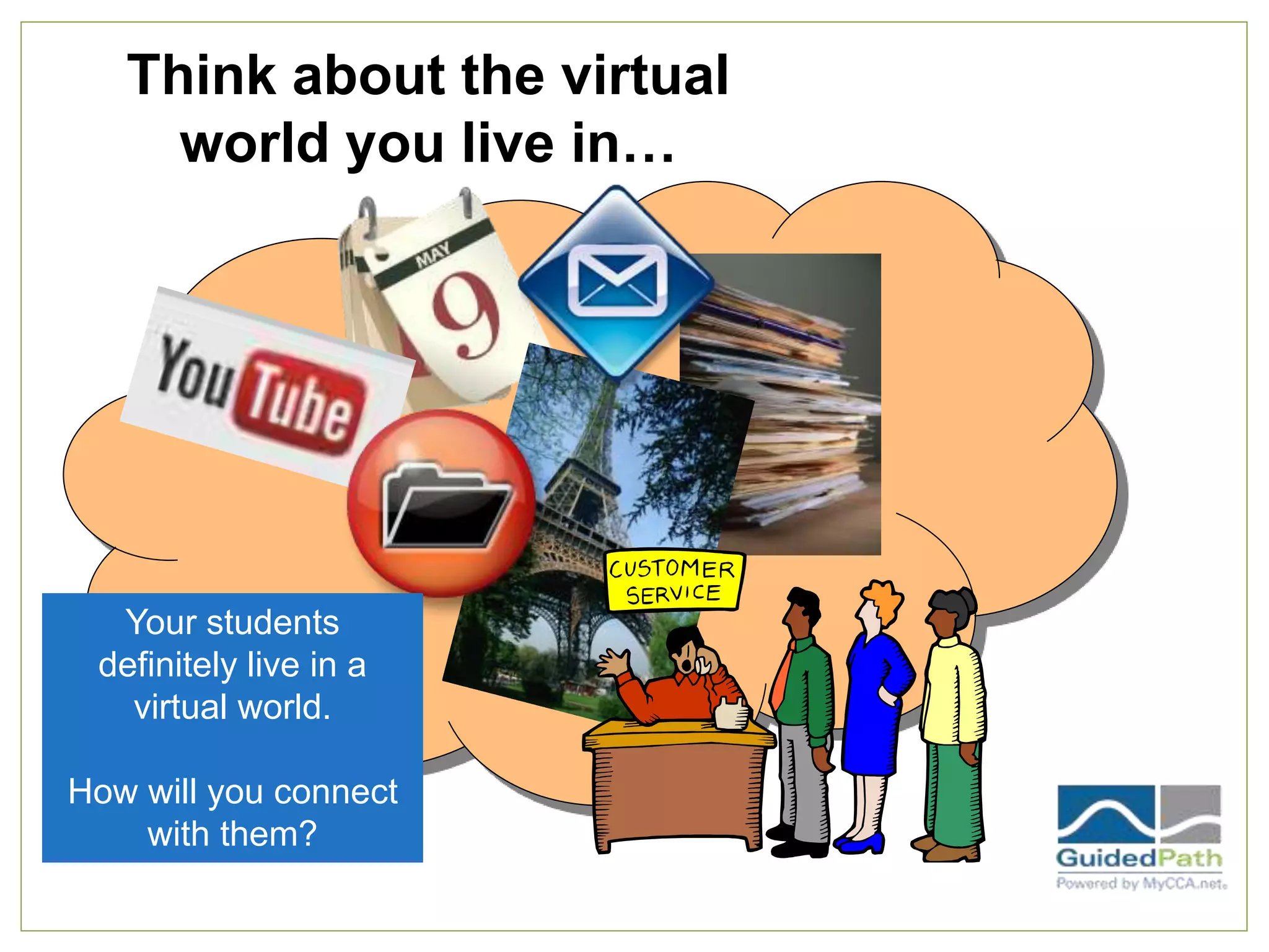 Think about the virtual
world you live in…
Your students
definitely live in a
virtual world.
How will you connect
with them?
 