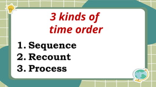 1. Sequence
2. Recount
3. Process
3 kinds of
time order
 