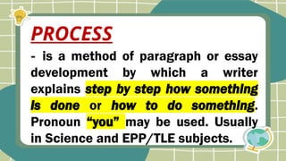 - is a method of paragraph or essay
development by which a writer
explains step by step how something
is done or how to do something.
Pronoun “you” may be used. Usually
in Science and EPP/TLE subjects.
PROCESS
 