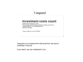 Vanguard is an investment firm that touts their ‘low cost of ownership’ in this ad. If you read it, you can understand it,...