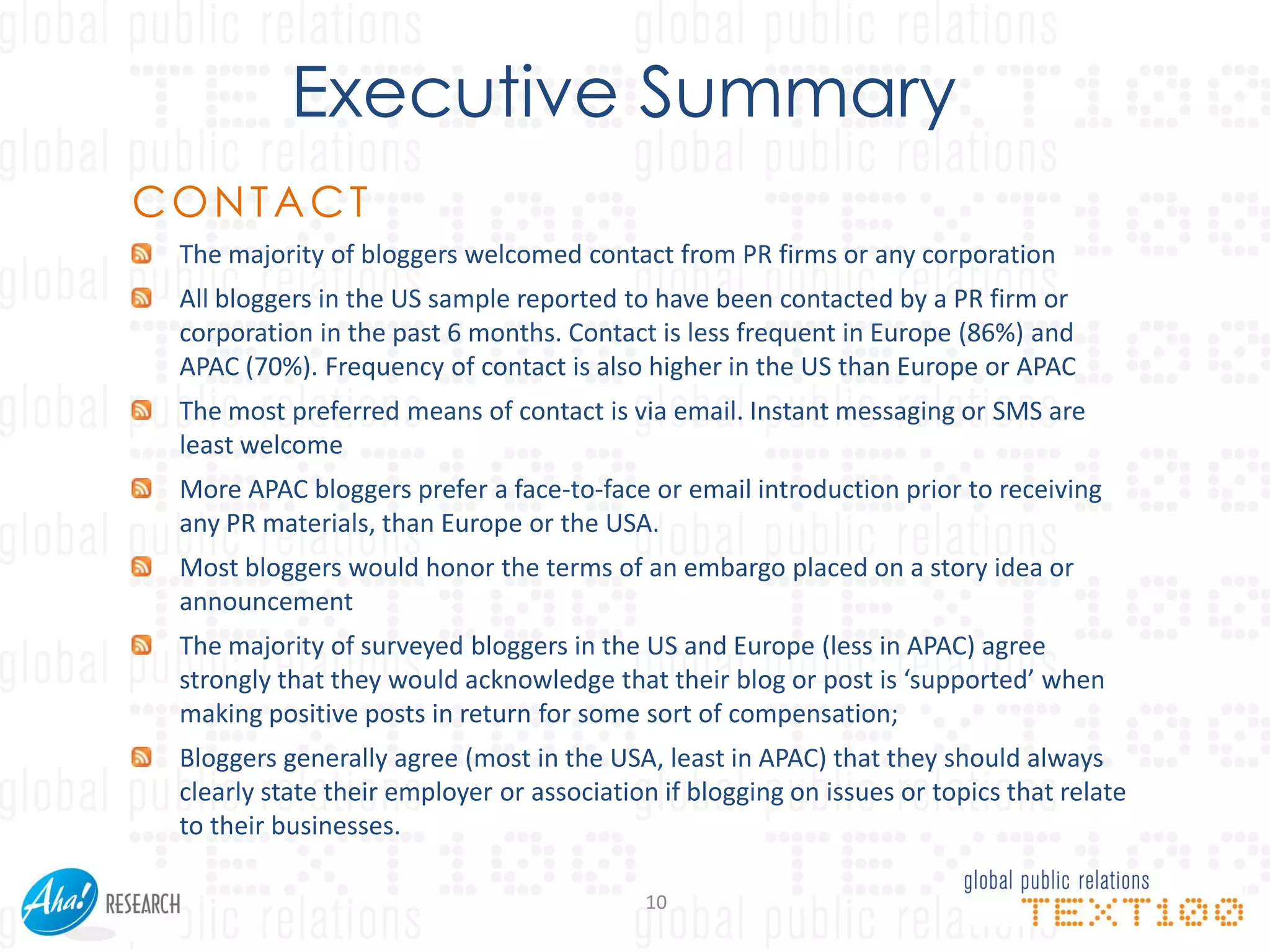 Executive Summary
CONTACT
 The majority of bloggers welcomed contact from PR firms or any corporation
 All bloggers in the US sample reported to have been contacted by a PR firm or
 corporation in the past 6 months. Contact is less frequent in Europe (86%) and
 APAC (70%). Frequency of contact is also higher in the US than Europe or APAC
 The most preferred means of contact is via email. Instant messaging or SMS are
 least welcome
 More APAC bloggers prefer a face-to-face or email introduction prior to receiving
 any PR materials, than Europe or the USA.
 Most bloggers would honor the terms of an embargo placed on a story idea or
 announcement
 The majority of surveyed bloggers in the US and Europe (less in APAC) agree
 strongly that they would acknowledge that their blog or post is ‘supported’ when
 making positive posts in return for some sort of compensation;
 Bloggers generally agree (most in the USA, least in APAC) that they should always
 clearly state their employer or association if blogging on issues or topics that relate
 to their businesses.

                                           10
 