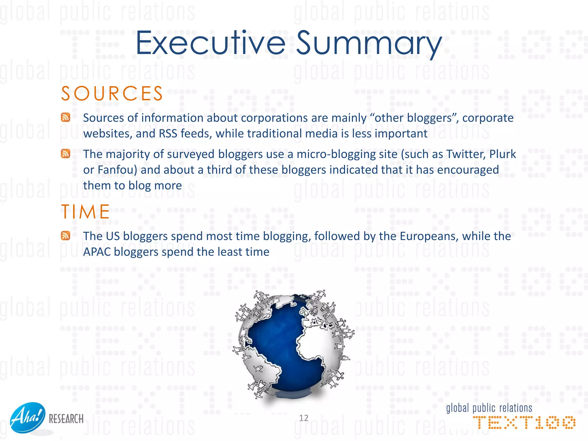 Executive Summary
SOURCES
 Sources of information about corporations are mainly “other bloggers”, corporate
 websites, and RSS feeds, while traditional media is less important
 The majority of surveyed bloggers use a micro-blogging site (such as Twitter, Plurk
 or Fanfou) and about a third of these bloggers indicated that it has encouraged
 them to blog more

TIME
 The US bloggers spend most time blogging, followed by the Europeans, while the
 APAC bloggers spend the least time




                                          12
 