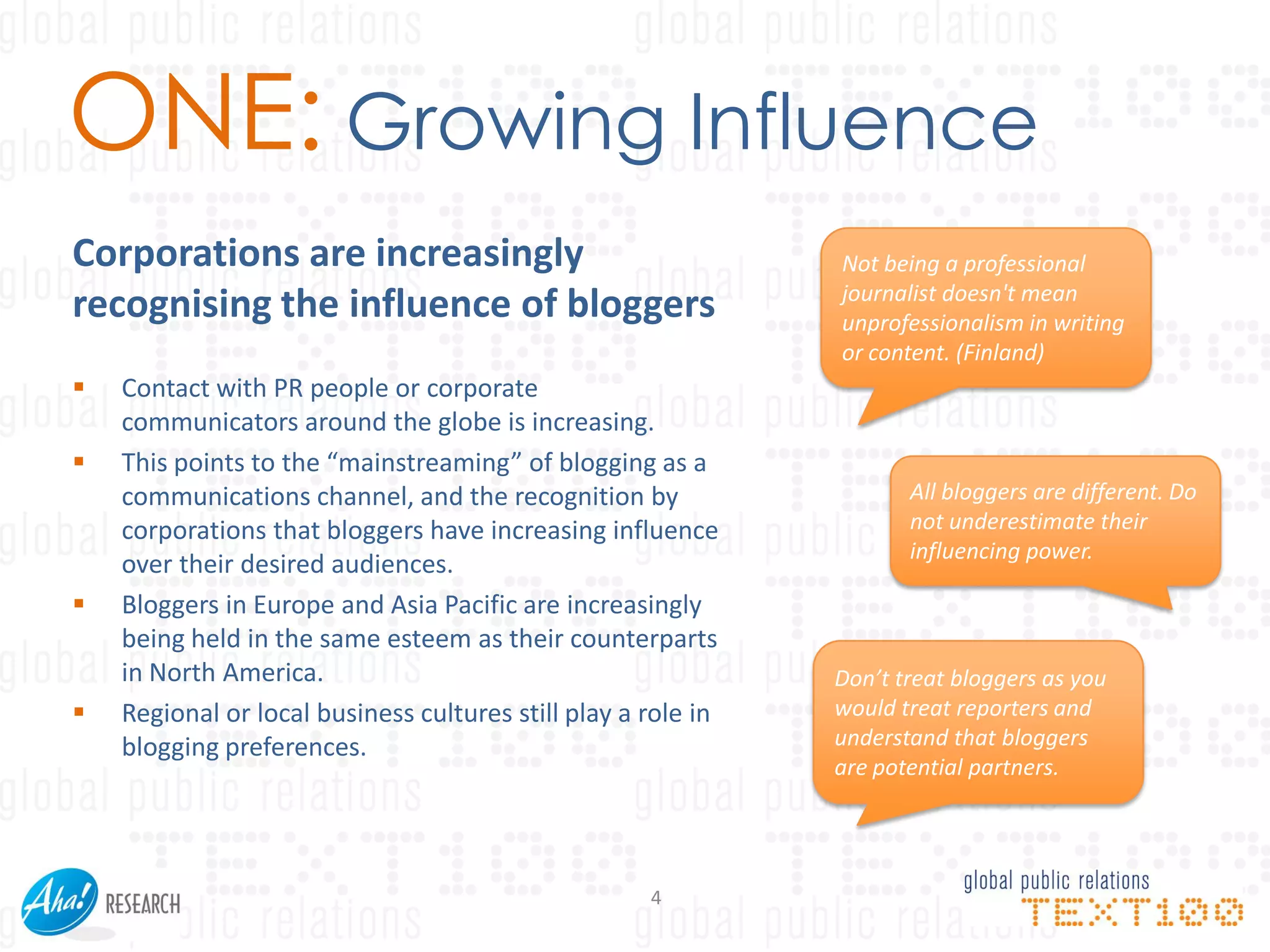 ONE: Growing Influence
Corporations are increasingly                                  Not being a professional
                                                               journalist doesn't mean
recognising the influence of bloggers                          unprofessionalism in writing
                                                               or content. (Finland)
   Contact with PR people or corporate
    communicators around the globe is increasing.
   This points to the “mainstreaming” of blogging as a
    communications channel, and the recognition by                    All bloggers are different. Do
    corporations that bloggers have increasing influence              not underestimate their
                                                                      influencing power.
    over their desired audiences.
   Bloggers in Europe and Asia Pacific are increasingly
    being held in the same esteem as their counterparts
    in North America.                                          Don’t treat bloggers as you
   Regional or local business cultures still play a role in   would treat reporters and
    blogging preferences.                                      understand that bloggers
                                                               are potential partners.




                                                     4
 