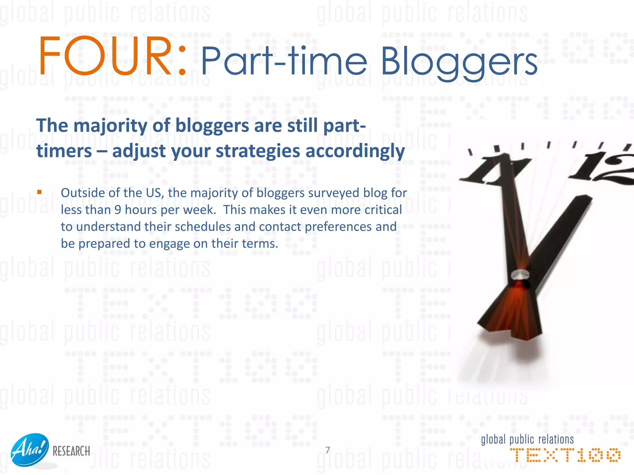 FOUR: Part-time Bloggers
The majority of bloggers are still part-
timers – adjust your strategies accordingly
   Outside of the US, the majority of bloggers surveyed blog for
    less than 9 hours per week. This makes it even more critical
    to understand their schedules and contact preferences and
    be prepared to engage on their terms.




                                                  7
 