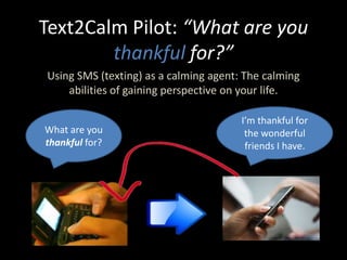 Text2Calm Pilot: “What are you thankful for?” Using SMS (texting) as a calming agent: The calming abilities of gaining perspective on your life. I’m thankful for the wonderful friends I have. What are you thankful for? 