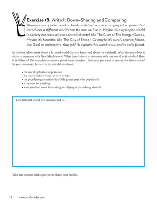 Exercise 1B: Write It Down—Sharing and Comparing
             Chances are you’ve read a book, watched a movie or played a game that
             introduces a different world than the one we live in. Maybe it’s a dystopian world
             (a society in a repressive or controlled state), like The Giver or The Hunger Games.
             Maybe it’s futuristic, like The City of Ember. Or maybe it’s purely science fiction,
             like Gool or Animorphs. Your job? To explain this world to us…and to tell a friend.

 In the box below, write about a fictional world that you have read about (or watched). What elements does it
 share in common with New Middletown? What does it share in common with our world as it is today? How
 is it different? Use complete sentences, point form, sketches…however you want to convey the information!
 In your summary, be sure to include details about:

        • the world’s physical appearance
        • the way it differs from our own world
        • the people/organisms/droids/little green guys who populate it
        • its reason for existing
        • what you find most interesting, terrifying or disturbing about it



    One fictional world I’ve encountered is...




 Take ten minutes with a partner to share your worlds.




10  www.text2reader.com
 