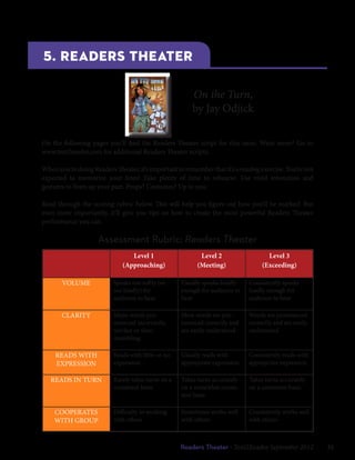 5. readers theater

                                                        On the Turn,
                                                        by Jay Odjick

On the following pages you’ll find the Readers Theater script for this issue. Want more? Go to
www.text2reader.com for additional Readers Theater scripts.

When you’re doing Readers Theater, it’s important to remember that it’s a reading exercise. You’re not
expected to memorize your lines! Take plenty of time to rehearse. Use vivid intonation and
gestures to liven up your part. Props? Costumes? Up to you.

Read through the scoring rubric below. This will help you figure out how you’ll be marked. But
even more importantly, it’ll give you tips on how to create the most powerful Readers Theater
performance you can.

                     Assessment Rubric: Readers Theater
                                 Level 1                   Level 2                  Level 3
                              (Approaching)               (Meeting)               (Exceeding)

       VOLUME             Speaks too softly (or     Usually speaks loudly    Consistently speaks
                          too loudly) for           enough for audience to   loudly enough for
                          audience to hear          hear                     audience to hear

       CLARITY            Many words pro-           Most words are pro-      Words are pronounced
                          nounced incorrectly,      nounced correctly and    correctly and are easily
                          too fast or slow;         are easily understood    understood
                          mumbling

     READS WITH           Reads with little or no   Usually reads with       Consistently reads with
     EXPRESSION           expression                appropriate expression   appropriate expression

   READS IN TURN          Rarely takes turns on a   Takes turns accurately   Takes turns accurately
                          consistent basis          on a somewhat consis-    on a consistent basis
                                                    tent basis

    COOPERATES            Difficulty in working     Sometimes works well     Consistently works well
    WITH GROUP            with others               with others              with others



                                                    Readers Theater • Text2Reader September 2012   31
 