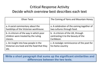 Critical Response Activity
      Decide which overview best describes each text
               Oliver Twist                  The Coming of Yams and Mountain Honey

a. A social commentary about the             a. A celebration of the coming together of
hardships of the Victorian workhouse.        two cultures through food.
b. A criticism of the way in which poor      b. A criticism of the UK, through
children were treated by the ruling          contrasting it to the beauty of the
classes.                                     Caribbean.
c. An insight into how people in the         c. A nostalgic reminiscence of the poet for
Victorian era lived and the food that they   his home country
ate.


Write a short paragraph that sums up the significant similarities and
                 differences between the two texts.
 