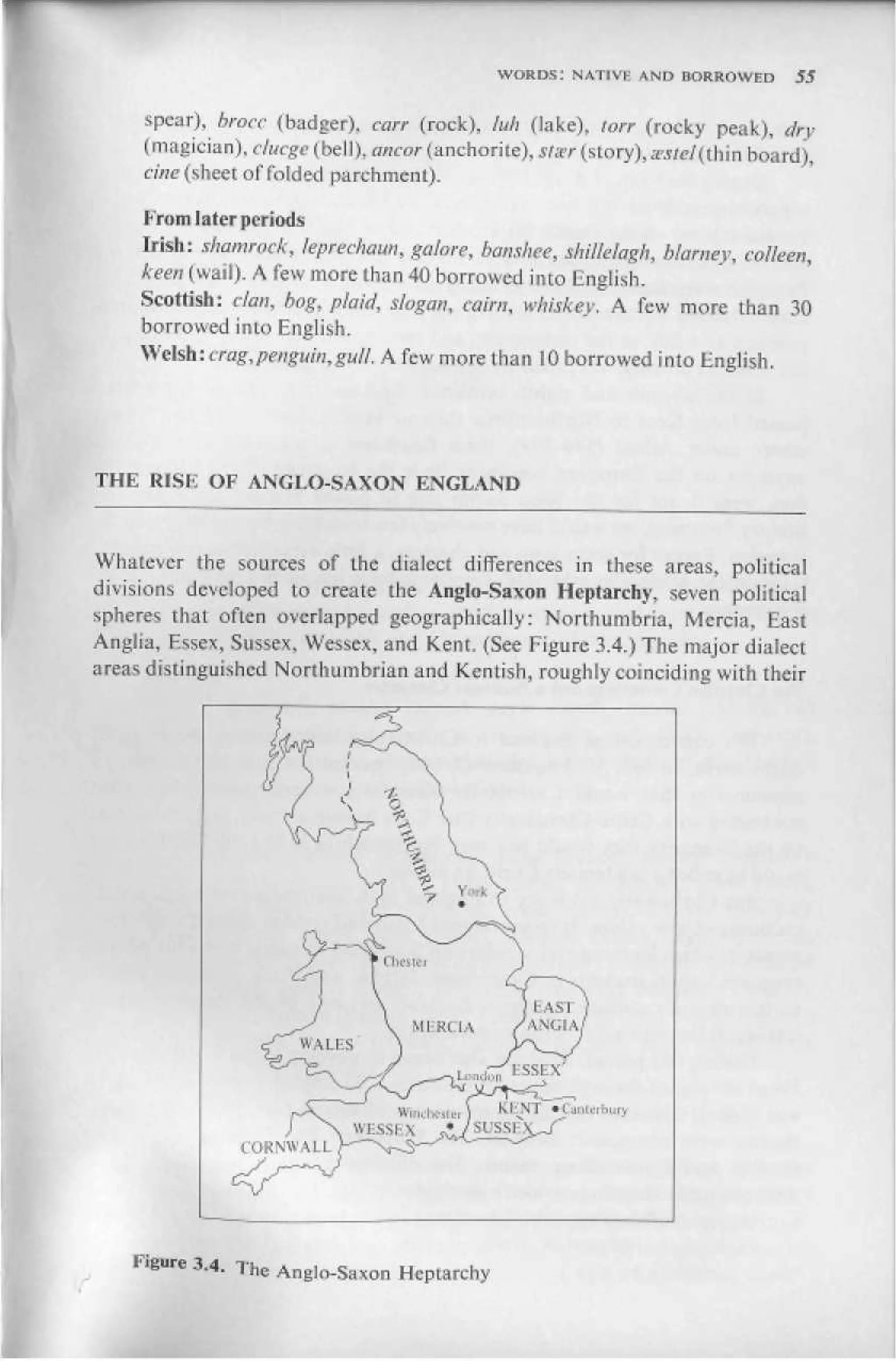WORDS: NiTIVh: AND BORROWED   55


     spear), brocc (badger), carr (rock), luh (lake), ton (rocky peak), dry
     (magician), clucge (bell),aacor (anchorite), *tt№ (story),гЯе/(Шя hoard),
     cine (sheet of folded parchment).

     From I a tcr periods
     Irish: shamrock, leprechaun, galore, banshee, shillelagh, blarney, colleen,
     keen (wail). A few more than 40 borrowed into English.
     Scottish: clan, bog, plaid, slogan, cairn, whiskey. A few more than 30
     borrowed into English.
     Welsh:crag,penguinisuU. A few more than 10 borrowed into English.




THE RISK OF ANGLO-SAXON ENGLAND



Whatever the sources of the dialect differences in these areas, political
divisions developed to create the Anglo-Saxon Heptarchy, seven political
spheres that often overlapped geographically: Northumbria, Mercia, East
Anglia, Essex, Sussex, Wessex, and Kent. (See Figure 3.4.) The major dialect
areas distinguished Northumbrian and Kentish, roughly coinciding with their




                   f) Г
                              Л                  Yft.y>
                                                 •    


                              &•

                              f Clifiiti
                              
                                           ^


                                               О      /    у
                                                           j EAST )
                                                                   *—_



                                      MERCSA             /ANGIA/

                                   ) J^v
                  4
                   ^WALES'



                     ,——1 "^         К llTJT "» Canterbury
                                               lLr
                                                               4



                    / X WESSEX ,•Vsussi^/""
                CORNWALL p-^Ni^S™'^




          3.4. The Anglo-Saxon Heptarchy
 