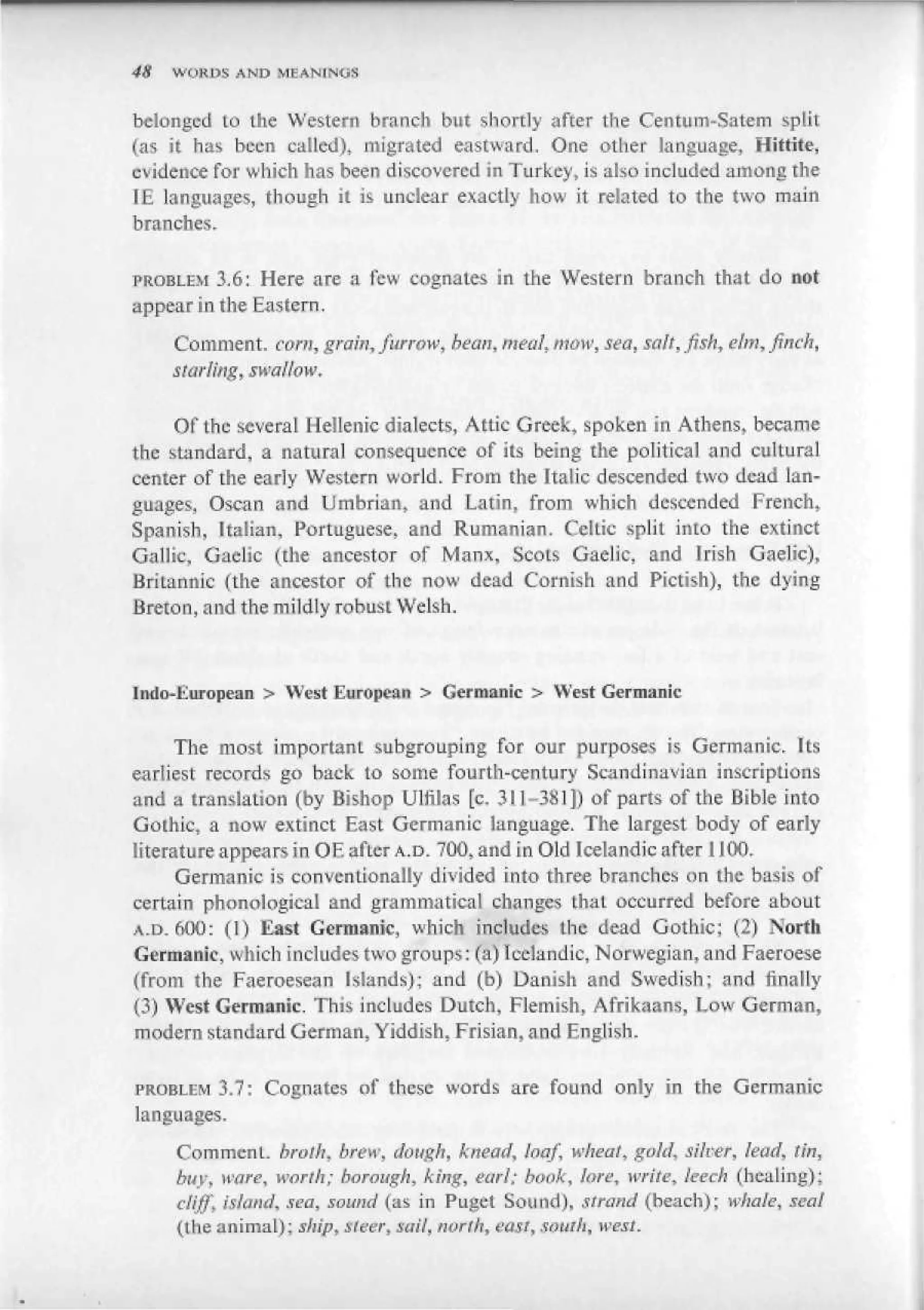 4S   WOKDS AMD MEANINGS


belonged to the Western branch but shortly after the Centum-Satem split
(as it has bctn called), migrated eastward. One other language, Hitiite,
evidence for which has been discovered in Turkey, is also included among the
IE languages, though il is unclear exactly how it related to the two main
branches.

PHOELEM 3.6: Here are a few cognates in the Western branch that do net
appear in the Eastern.
     Comment, corn, groin, furrow, bean, meal, maw, sea, salt, fish, elm, finch,
     starling, swallow.

     Of the several Hellenic dialects, Attic Greek, spoken in Athens, became
the standard, a natural consequence of its being the political and cultural
center of the early Western world. From the Italic descended two dead lan-
guages, Oscan and Umbrian, and Latin, from which descended French,
Spanish, Italian, Portuguese, and Rumanian. Celtic split into the extinct
Gallic, Gaelic (the ancestor of Manx, Scots Gaelic, and Irish Gaelic),
Britannic (the ancestor of the now dead Cornish and Pictish), the dying
Breton, and the mildly robust Welsh,



               > West European > Germanic > West Germanic

     The most important subgrouping for our purposes is Germanic. Its
earliest records go back to some fourth-century Scandinavian inscriptions
and a translation (by Bishop Ulfilas [с, 311-3&1]) of parts of the Bible into
Gothic, a now extinct East Germanic language. The largest body of early
literature appears in OE after A D . 700, and in Old Icelandic after 1100.
      Germanic is conventionally divided into three branches on the basis of
certain phonological and grammatical changes that occurred before about
A.D. MM): (]) East Germanic, which includes the dead Gothic; (2) North
Germanic, which includes two groups: (a)Icelandic, Norwegian,and Faeroese
(from the Faeroesean Islands); and (b) Danish and Swedish; and finally
(3) West Germanic. This includes Dutch, Flemish, Afrikaans, Low German,
modern standard German, Yiddish, Frisian, and English.

PROBLEM 3.7: Cognates of these words are found only in the Germanic
languages.
     Comment, broth,, brew, dough, knead, loaf, wheat, gold, silver, lead, tin,
     buy, ware, worth; borough, king, earl; book, lore, write, teech (healing):
     cliff* island, sea, sound (as in Puget Sound), strand (beach); whale, sea!
     (the animal); ship, steer, sail, north, east, south, west.
 