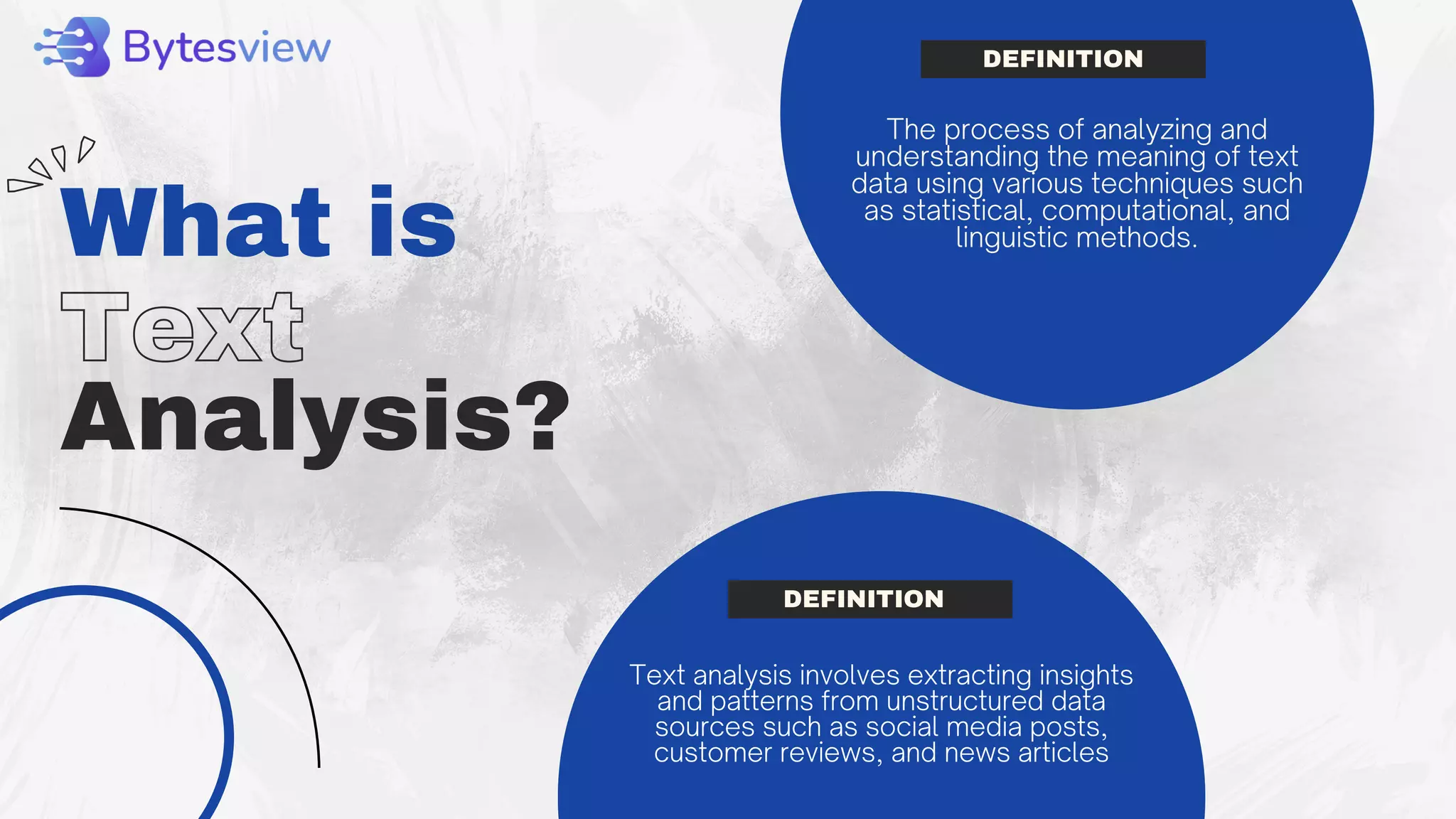 Text
Analysis?
What is
DEFINITION
The process of analyzing and
understanding the meaning of text
data using various techniques such
as statistical, computational, and
linguistic methods.
Text analysis involves extracting insights
and patterns from unstructured data
sources such as social media posts,
customer reviews, and news articles
DEFINITION
 