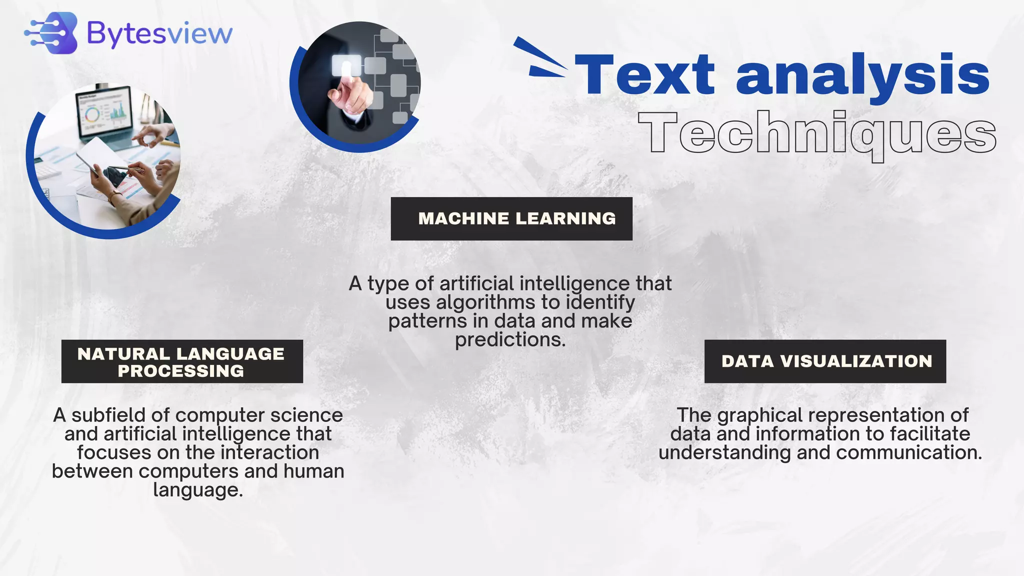 Text analysis
Techniques
NATURAL LANGUAGE
PROCESSING
MACHINE LEARNING
DATA VISUALIZATION
A subfield of computer science
and artificial intelligence that
focuses on the interaction
between computers and human
language.
A type of artificial intelligence that
uses algorithms to identify
patterns in data and make
predictions.
The graphical representation of
data and information to facilitate
understanding and communication.
 