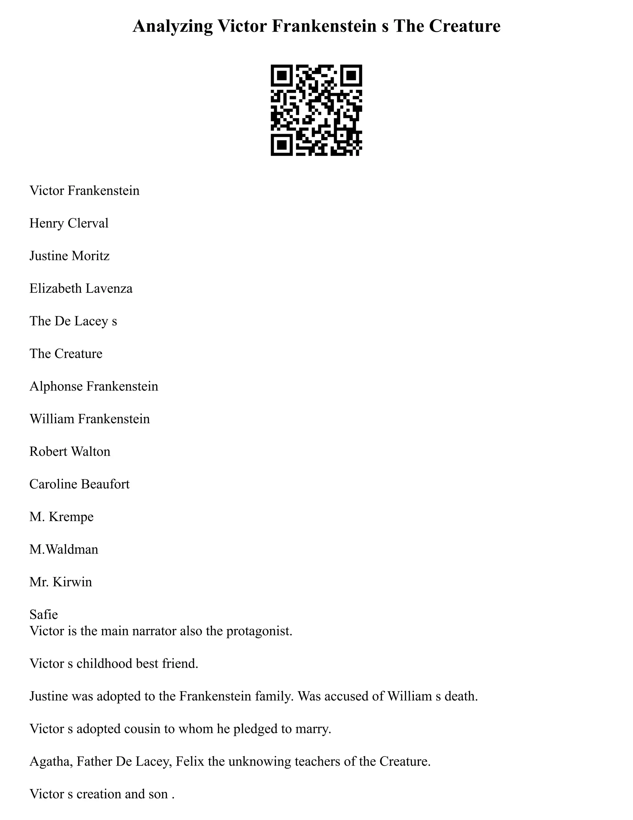 Analyzing Victor Frankenstein s The Creature
Victor Frankenstein
Henry Clerval
Justine Moritz
Elizabeth Lavenza
The De Lacey s
The Creature
Alphonse Frankenstein
William Frankenstein
Robert Walton
Caroline Beaufort
M. Krempe
M.Waldman
Mr. Kirwin
Safie
Victor is the main narrator also the protagonist.
Victor s childhood best friend.
Justine was adopted to the Frankenstein family. Was accused of William s death.
Victor s adopted cousin to whom he pledged to marry.
Agatha, Father De Lacey, Felix the unknowing teachers of the Creature.
Victor s creation and son .
 