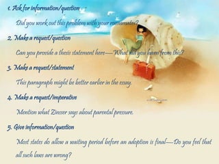 1. Ask for information/question
Did you work out this problem with your roommates?
2. Make a request/question
Can you provide a thesis statement here—What did you learn from this?
3. Make a request/statement
This paragraph might be better earlier in the essay.
4. Make a request/imperative
Mention what Zinsser says about parental pressure.
5. Give information/question
Most states do allow a waiting period before an adoption is final—Do you feel that
all such laws are wrong?
 
