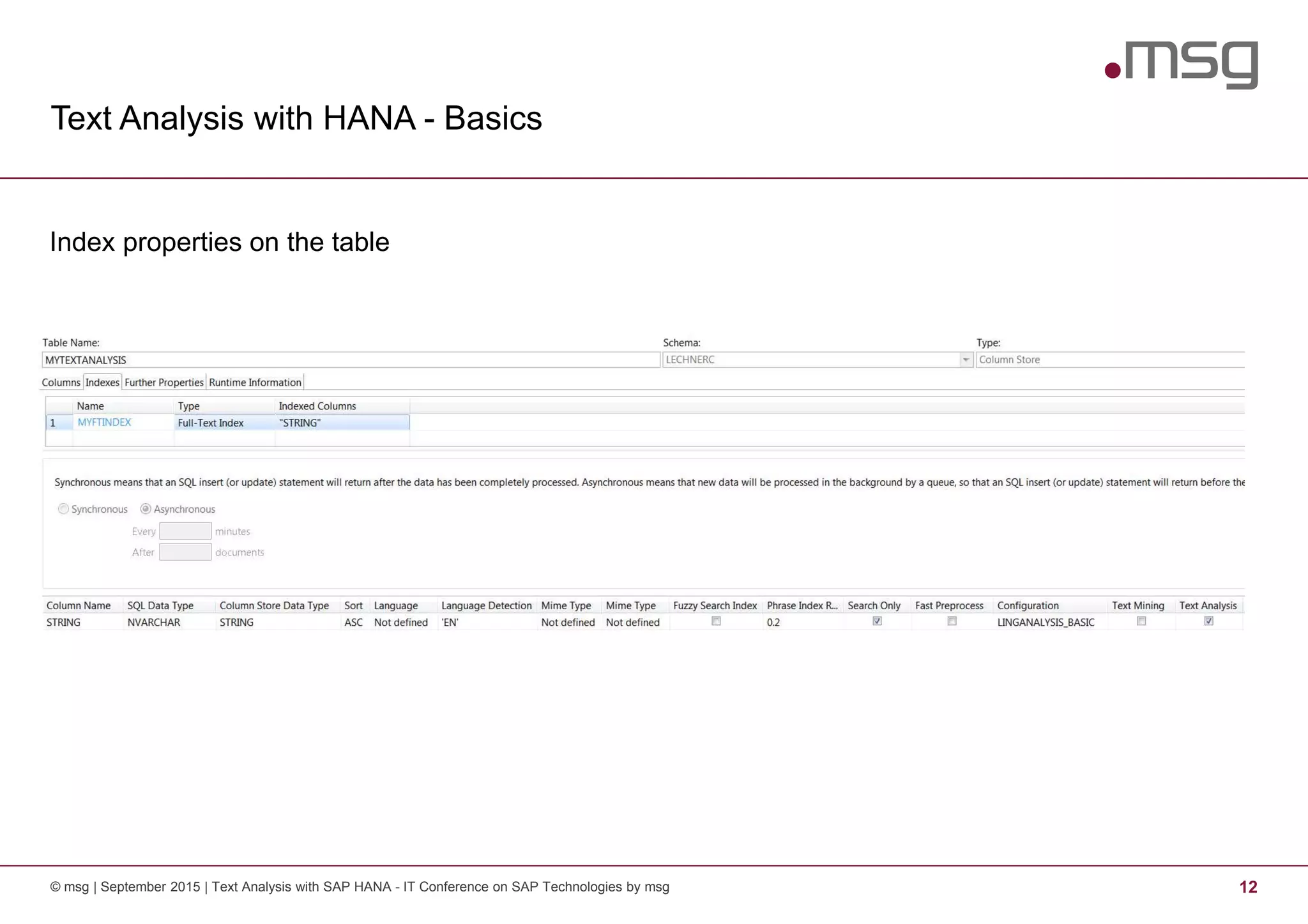 Text Analysis with HANA - Basics
© msg | September 2015 | Text Analysis with SAP HANA - IT Conference on SAP Technologies by msg 12
Index properties on the table
 