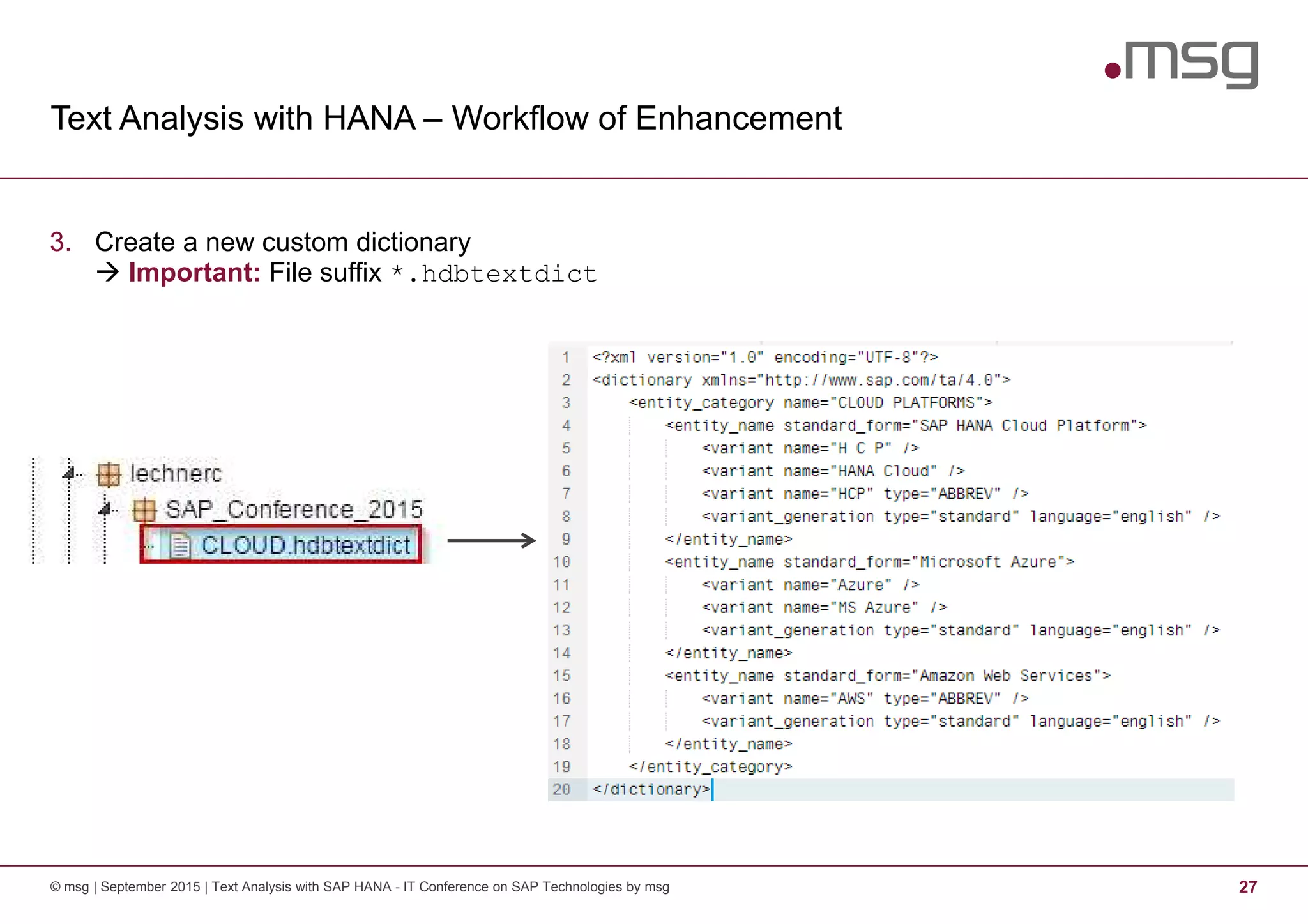 Text Analysis with HANA – Workflow of Enhancement
© msg | September 2015 | Text Analysis with SAP HANA - IT Conference on SAP Technologies by msg 27
3. Create a new custom dictionary
Important: File suffix *.hdbtextdict
 