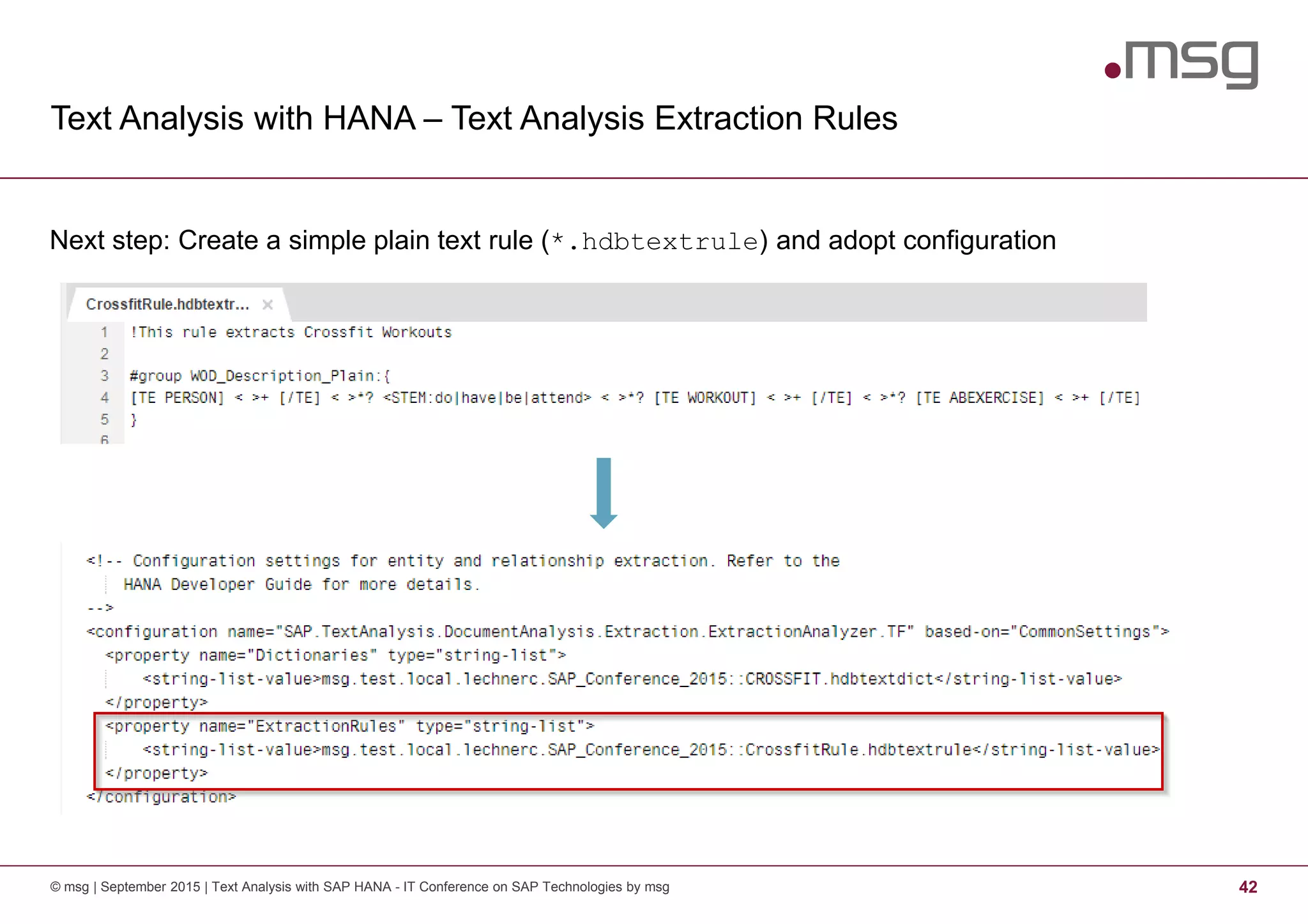 Text Analysis with HANA – Text Analysis Extraction Rules
© msg | September 2015 | Text Analysis with SAP HANA - IT Conference on SAP Technologies by msg 42
Next step: Create a simple plain text rule (*.hdbtextrule) and adopt configuration
 