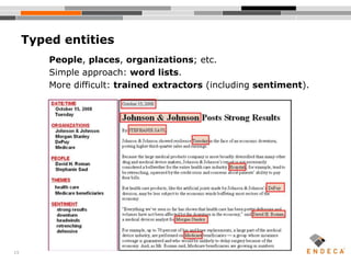 15
Typed entities
People, places, organizations; etc.
Simple approach: word lists.
More difficult: trained extractors (including sentiment).
 