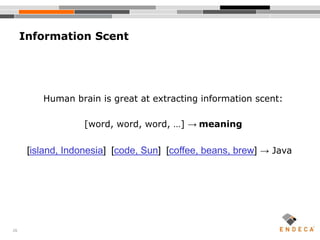 26
Human brain is great at extracting information scent:
[word, word, word, …] → meaning
Information Scent
[island, Indonesia] [code, Sun] [coffee, beans, brew] → Java
 
