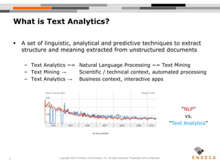 3
What is Text Analytics?
 A set of linguistic, analytical and predictive techniques to extract
structure and meaning extracted from unstructured documents
– Text Analytics ~= Natural Language Processing ~= Text Mining
– Text Mining → Scientific / technical context, automated processing
– Text Analytics → Business context, interactive apps
Copyright ©2010 Endeca Technologies, Inc. All rights reserved. Proprietary and confidential.
“NLP”
vs.
“Text Analytics”
 