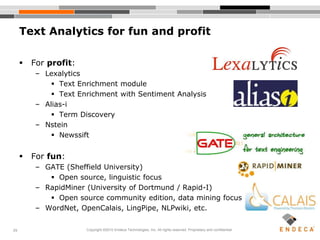 39
 For profit:
– Lexalytics
 Text Enrichment module
 Text Enrichment with Sentiment Analysis
– Alias-i
 Term Discovery
– Nstein
 Newssift
 For fun:
– GATE (Sheffield University)
 Open source, linguistic focus
– RapidMiner (University of Dortmund / Rapid-I)
 Open source community edition, data mining focus
– WordNet, OpenCalais, LingPipe, NLPwiki, etc.
Text Analytics for fun and profit
Copyright ©2010 Endeca Technologies, Inc. All rights reserved. Proprietary and confidential.
 