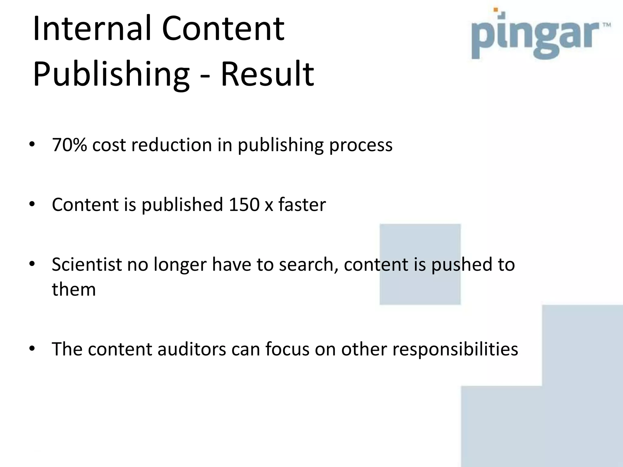 Internal Content
Publishing - Result
• 70% cost reduction in publishing process
• Content is published 150 x faster
• Scientist no longer have to search, content is pushed to
them
• The content auditors can focus on other responsibilities
 