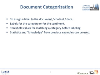 Document Categorization

   To assign a label to the document / content / data.
   Labels for the category or for the sentiment.
   Threshold values for matching a category before labeling.
   Statistics and “knowledge” from previous examples can be used.




                                  19
 