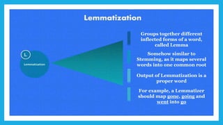 Groups together different
inflected forms of a word,
called Lemma
Somehow similar to
Stemming, as it maps several
words into one common root
Output of Lemmatization is a
proper word
For example, a Lemmatizer
should map gone, going and
went into go