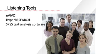 Listening Tools
nVIVO
HyperRESEARCH
SPSS text analysis software

 