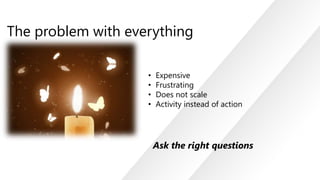 The problem with everything
•
•
•
•

Expensive
Frustrating
Does not scale
Activity instead of action

Ask the right questions

 
