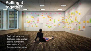Pulling it
together

Begin with the end
Tools are not a strategy
Build a framework
Watch your A’s
Ongoing maintenance

 