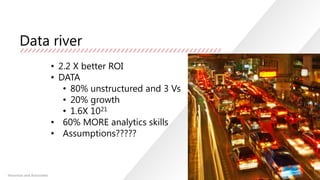 Data river
• 2.2 X better ROI
• DATA
• 80% unstructured and 3 Vs
• 20% growth
• 1.6X 1021
• 60% MORE analytics skills
• Assumptions?????

Hausman and Associates

 
