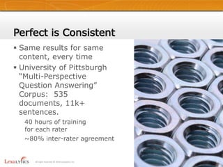 Perfect is ConsistentSame results for same content, every timeUniversity of Pittsburgh “Multi-Perspective Question Answering” Corpus:  535 documents, 11k+ sentences.  40 hours of training for each rater~80% inter-rater agreement7All right reserved © 2010 Lexalytics Inc.