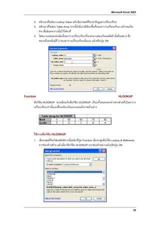 Microsoft Excel 2003

      2. คลิกเมาสในชอง Lookup Value แลวเลือกเซลลที่จะนําขอมูลมาเปรียบเทียบ
      3. คลิกเมาสในชอง Table Array จากนั้นใชเมาสเลือกพื้นที่ของตารางเปรียบเทียบ แลวกดแปน
         F4 เพื่อล็อคตารางนั้นไวใหคงที่
      4. ใสหมายเลขของคอลัมนในตารางเปรียบเทียบที่จะนํามาแสดงเปนผลลัพธ นั่นคือเลข 2 ซึ่ง
         หมายถึงคอลัมนที่ 2 ของตารางเปรียบเทียบนั่นเอง แลวคลิกปุม OK




Function                                                                            HLOOKUP
      ฟงกชัน HLOOKUP จะเหมือนกับฟงกชัน VLOOKUP เกือบทั้งหมดแตกตางตรงสวนที่เปนตาราง
      เปรียบเทียบเทานั้นเองซึ่งจะตองเปนแนวนอนดังภาพตัวอยาง




      ใชงานฟงกชน HLOOKUP
                  ั
      1. เลือกเซลลที่จะใสผลลัพธจากนั้นคลิกที่ปุม Function เลือกกลุมฟงกชัน Lookup & Reference
         จากชองดานซาย แลวเลือกฟงกชัน HLOOKUP จากชองดานขวาแลวคลิกปุม OK




                                                                                                 30
 