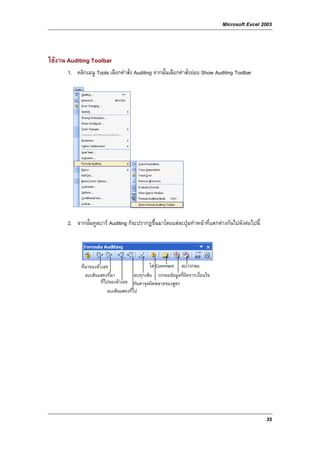 Microsoft Excel 2003



ใชงาน Auditing Toolbar
       1. คลิกเมนู Tools เลือกคําสั่ง Auditing จากนั้นเลือกคําสั่งยอย Show Auditing Toolbar




       2. จากนั้นทูลบาร Auditing ก็จะปรากฏขึ้นมาโดยแตละปุมทําหนาที่แตกตางกันไปดังตอไปนี้




             ที่มาของตัวเลข                       ใส Comment ลบวงกลม
                ลบเสนแสดงที่มา           ลบทุกเสน วงกลมขอมูลที่ผิดจากเงื่อนไข
                        ที่ไปของตัวเลข คนหาจุดผิดพลาดของสูตร
                            ลบเสนแสดงที่ไป




                                                                                                    35
 