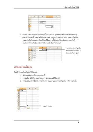 Microsoft Excel 2003




       3. กดแปน Enter หรือถาตองการจะกอบปไปยังเซลลอื่น ๆ อีกหลายเซลล ใหใชวธีการคลิกเมนู
                                                                                       ิ
          Edit แลวเลือกคําสั่ง Paste หรือคลิกปุม Paste บนทูลบาร จะทําใหสามารถ Paste ไปไดเรื่อย
          ๆ จนกวาเสนที่อยูลอมรอบขอมูลที่กอบปนั้นจะหายไป (โดยเสนที่อยูลอมรอบจะหายไปก็
          ตอเมื่อมีการกดแปน Esc หรือมีการทํางานอยางอื่นเขามาแทนที่)

                                                                               เ ซ ล ล ที่ ถู ก ก อ บ ป จ ะ ยั ง
                                                                               สามารถ Paste ไปไดเรื่อย ๆ
                                                                               เมื่อเสนประยังปรากฏอยู




เทคนิคการกอบปขอมูล

กอบปขอมูลดวย AutoFill Handle
        1. เลือกเซลลตนแบบที่ตองการจะกอบป
        2. จากนั้นชี้เมาสไปที่จุด AutoFill (มุมขวาลางของเซลลที่เลือกไว)
        3. จากนั้นใชเมาสลากไปในทิศทางที่ตองการโดยจะสามารถลากไดเพียงทีละ 1 ทิศทางเทานั้น




                                            AutoFill Handle




                                                                                                              6
 