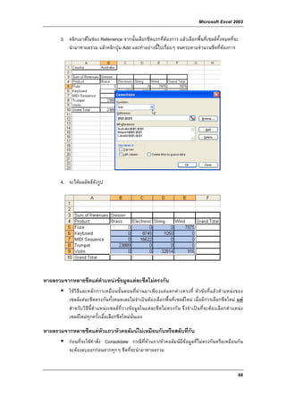 Microsoft Excel 2003

       3. คลิกเมาสในชอง Referrence จากนั้นเลือกชีตแรกที่ตองการ แลวเลือกพื้นที่เซลลทั้งหมดที่จะ
          นํามาหาผลรวม แลวคลิกปุม Add และทําอยางนี้ไปเรื่อยๆ จนครบตามจํานวนชีตที่ตัองการ




       4. จะไดผลลัพธดังรูป




หาผลรวมจากหลายชีตแตตําแหนงขอมูลแตละชีตไมตรงกัน
           ใชวิธีและหลักการเหมือนขั้นตอนที่ผานมาเพียงแตแตกตางตรงที่ หัวขอที่แลวตําแหนงของ
           เซลลแตละชีตตรงกันทั้งหมดเลยไมจําเปนตองเลือกพื้นที่เซลลใหม เมื่อมีการเลือกชีตใหม แต
           สําหรับวิธีนี้ตําแหนงเซลลที่วางขอมูลในแตละชีตไมตรงกัน จึงจําเปนที่จะตองเลือกตําแหนง
           เซลลใหมทุกครั้งเมื่อเลือกชีตใหมนั่นเอง

หาผลรวมจากหลายชีตแตหัวแถว/หัวคอลัมนไมเหมือนกันหรือสลับที่กัน
           กอนที่จะใชคําสั่ง Consolidate กรณีที่หัวแถว/หัวคอลัมนมีขอมูลที่ไมตรงกันหรือเหมือนกัน
           จะตองลบออกกอนจากทุกๆ ชีตที่จะนํามาหาผลรวม


                                                                                                   66
 