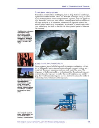 105For more on digital photography, visit http://www.shortcourses.com
When to Override Automatic Exposure
Scenes darker than middle gray
Scenes that are darker than middle gray, such as deep shadows, dark foliage,
night scenes and black cloth, reflect less than 18% of the light falling on them.
If you photograph such scenes using automatic exposure, they will appear too
light. The meter cannot tell if the scene is dark or just an ordinary scene with
less light falling on it. In either case it increases the exposure to make the
scene a lighter middle gray. To produce a picture with an overall tone darker
than middle gray, you need to override the autoexposure system to decrease
the exposure.
The black cat is between
one and two stops
darker than middle
gray. To darken the
scene so the cat’s not
middle gray, exposure
must be decreased by
one (-1) or two (-2)
stops.
Here the scenes were
underexposed to
silhouette the people
in the foreground.
To show detail in the
people, exposure would
have had to have been
increased two stops
(+2).
Subject against very light background
Subjects against a very light background, such as a portrait against a bright
sky or light sand or snow, can confuse an automatic exposure system, par-
ticularly if the subject occupies a relatively small part of the scene. The
brightness of the background is so predominant that the automatic exposure
system reduces the exposure to render the overall brightness as a middle
gray. The result is an underexposed and too-dark main subject. To render it
realistically you have to increase the exposure.
Dark subjects against
bright backgrounds will
be too dark without
exposure compensation.
 