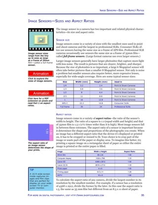 35For more on digital photography, visit http://www.shortcourses.com
http://www.photocourse.com/itext/pixels/pixels.pdf
http://www.photocourse.com/itext/sensor/
Image Sensors—Sizes and Aspect Ratios
The image sensor in a camera has two important and related physical charac-
teristics—its size and aspect ratio.
Sensor size
Image sensors come in a variety of sizes with the smallest ones used in point
and shoot cameras and the largest in professional SLRs. Consumer SLRs of-
ten use sensors having the same size as a frame of APS film. Professional SLR
cameras occasionally use sensors the same size as a frame of 35mm film—
called full-frame sensors. (Large format cameras use even larger sensors.)
Larger image sensors generally have larger photosites that capture more light
with less noise. The result is pictures that are clearer, brighter, and sharper.
Because the size of photosites is so important, a large 6 Megapixel sensor will
often take better pictures than a smaller 8 Megapixel sensor. Not only is noise
a problem but smaller sensors also require better, more expensive lenses,
especially for wide-angle coverage. Here are some typical sensor sizes:
Size Width (mm) Height (mm) Used in
1/4 3.2 2.4 Point  Shoot Cameras
1/3 4.8 3.6 Point  Shoot Cameras
1/2 8 6.4 Point  Shoot Cameras
2/3 11 8.8 Point  Shoot Cameras
1 16 12.8 Point  Shoot Cameras
APS-C 22.2 14.8 Consumer SLRs
Full frame 36 24 Professional SLRs
Aspect ratios
Image sensors come in a variety of aspect ratios—the ratio of the sensor’s
width to height. The ratio of a square is 1:1 (equal width and height) and that
of 35mm film is 1.5:1 (1½ times wider than it is high). Most image sensors fall
in between these extremes. The aspect ratio of a sensor is important because
it determines the shape and proportions of the photographs you create. When
an image has a different aspect ratio that the device it’s displayed or printed
on, it has to be cropped or resized to fit. Your choice is to crop part of the
image or waste part of the paper or display area. To imagine this better, try
printing a square image on a rectangular sheet of paper so either the entire
image is printed or the entire paper is filled.
Image Width x Height Aspect Ratio
35mm film 36 x 24 1.50
Computer display 1024 x 768 1.33
Canon 5D 4368 x 2912 1.50
Canon S3 IS 2816 x 2112 1.33
Photo paper 4 x 6 1.50
Printing paper 8.5 x 11 1.29
HDTV 16 x 9 1.80
To calculate the aspect ratio of any camera, divide the largest number in its
resolution by the smallest number. For example, if a sensor has a resolution
of 4368 x 2912, divide the former by the later. In this case the aspect ratio is
1.5, the same as 35 mm film but different from an 8.5 x 11 sheet of paper.
Image sensor sizes
range from the tiny
up to ones as large
as a frame of 35mm
film—called a full frame
sensor.
Click to explore the
sizes of image sensors.
The aspect ratio of
an image sensor
determines the shape of
your prints.
Tip
A 16:9 wide-screen
mode captures im-
ages and film clips
that are perfect for
display on your wide-
screen TV or com-
puter monitor.
Click here for a PDF
extension on pixels and
read Part 1 on aspect
ratios.
Image Sensors—Size and Aspect Ratios
 